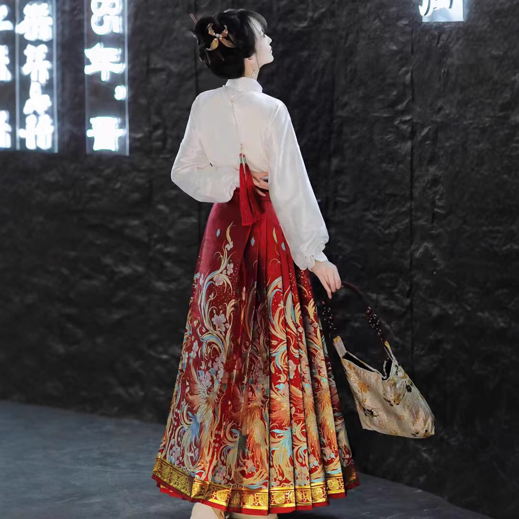 2024 New Four Seasons Weaving Gold Makeup Flower Phoenix Dance Nine Days Original Horse Face Skirt suit Hanfu Women's Slim Ming Style Ancient Coat