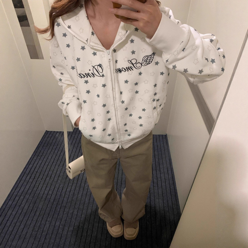 2025 New Early Autumn Five-Pointed Star Full-Print Short Sweatshirt for Women, Loose Double-Zipper College Style Cardigan Jacket for Autumn and Winter