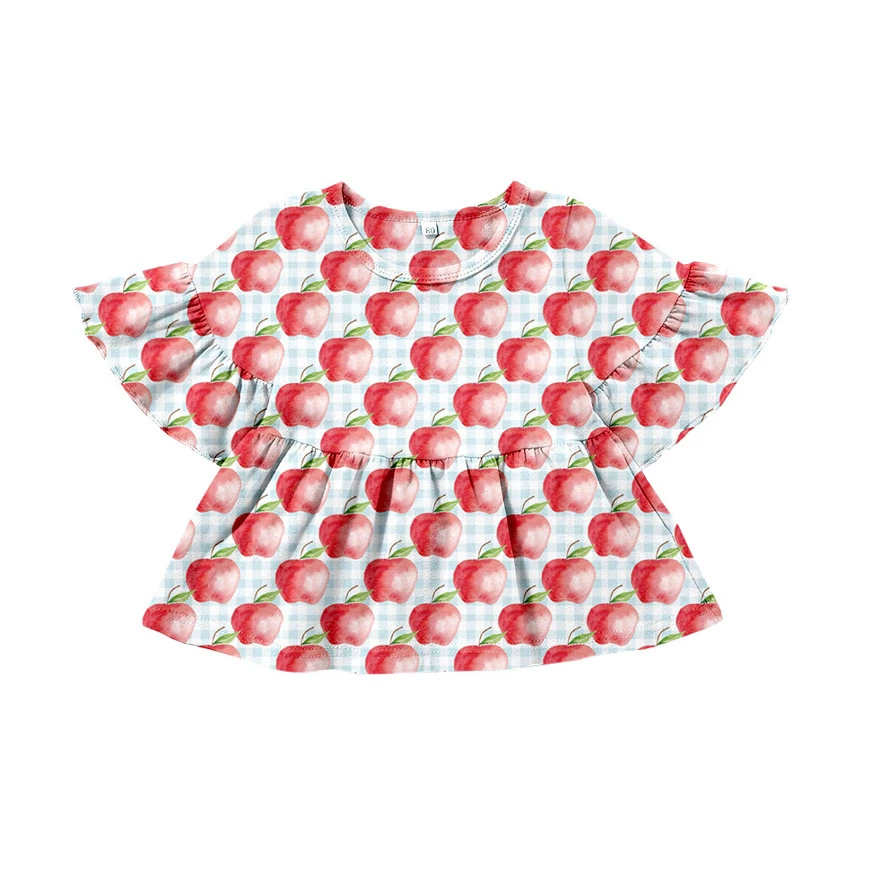 Трансграничная оптовая продажа, топ с принтом для девочек на заказ и клетчатым низом + дизайн с развевающимися рукавами, милый и свежий.