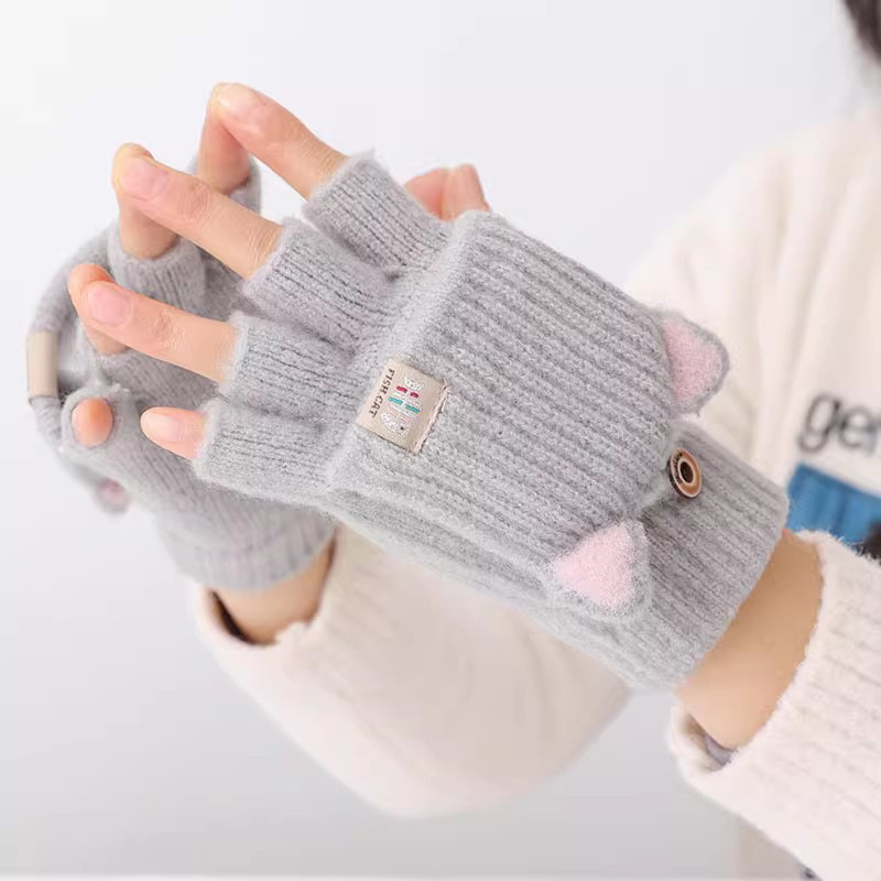 露指カバー手袋女性冬保温学生児童かわいいinsニット毛糸半指タッチできる冬|undefined