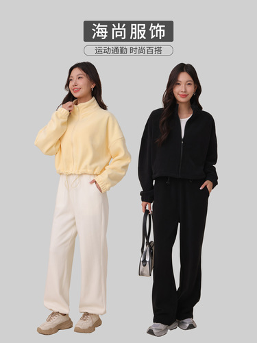 Women's Loose Stand Collar Yoga Long Sleeve Top with Fleece Lining, Dual-Sided Autumn/Winter Sport Coat, Thick Warm Constant Temperature Sweatshirt