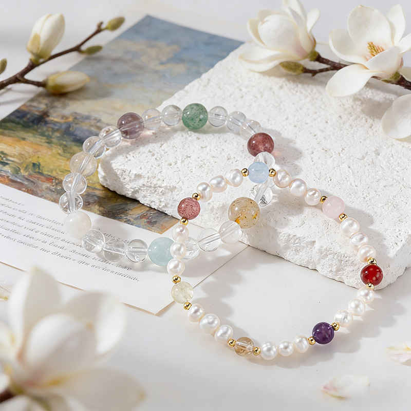 Joyas al por mayor agua dulce natural perla cristal blanco pulseras de moda colorido cristal amarillo nuevo joyas de mano china