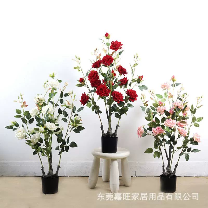 仿真绒布玫瑰花树客厅装饰仿生假花桌面小盆栽可做仿真植物绿植