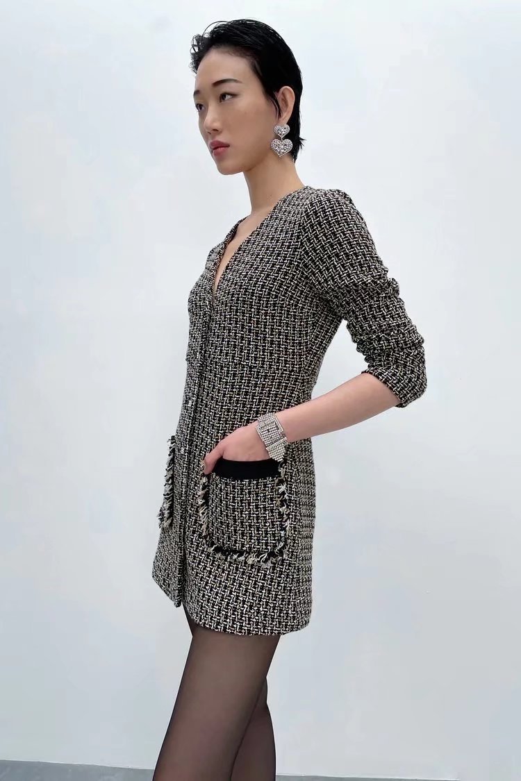 Jewelry Button Decoration Texture V-Neck Long Sleeve Commuter Dress NSAM110560