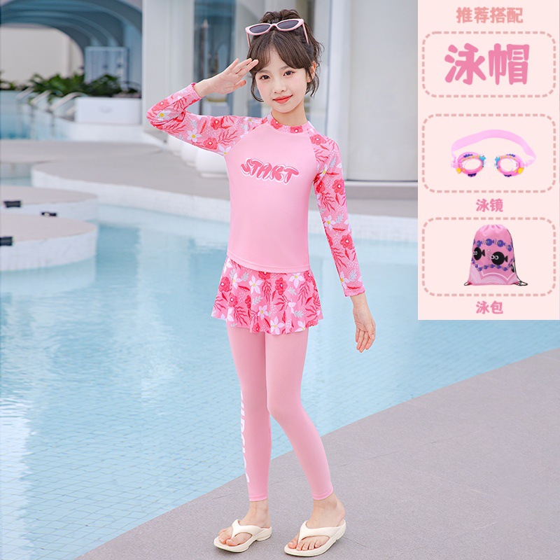 Children's Sun Protection Swimsuit Girls Split Long-Sleeved Pants Professional Swimming 2025 New Style Medium and Large Kidsren Girls Hot Spring Bathing Suit
