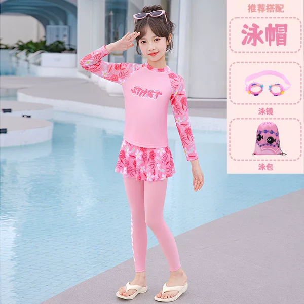 Children's Sun Protection Swimsuit Girls Split Long-Sleeved Pants Professional Swimming 2025 New Style Medium and Large Kidsren Girls Hot Spring Bathing Suit