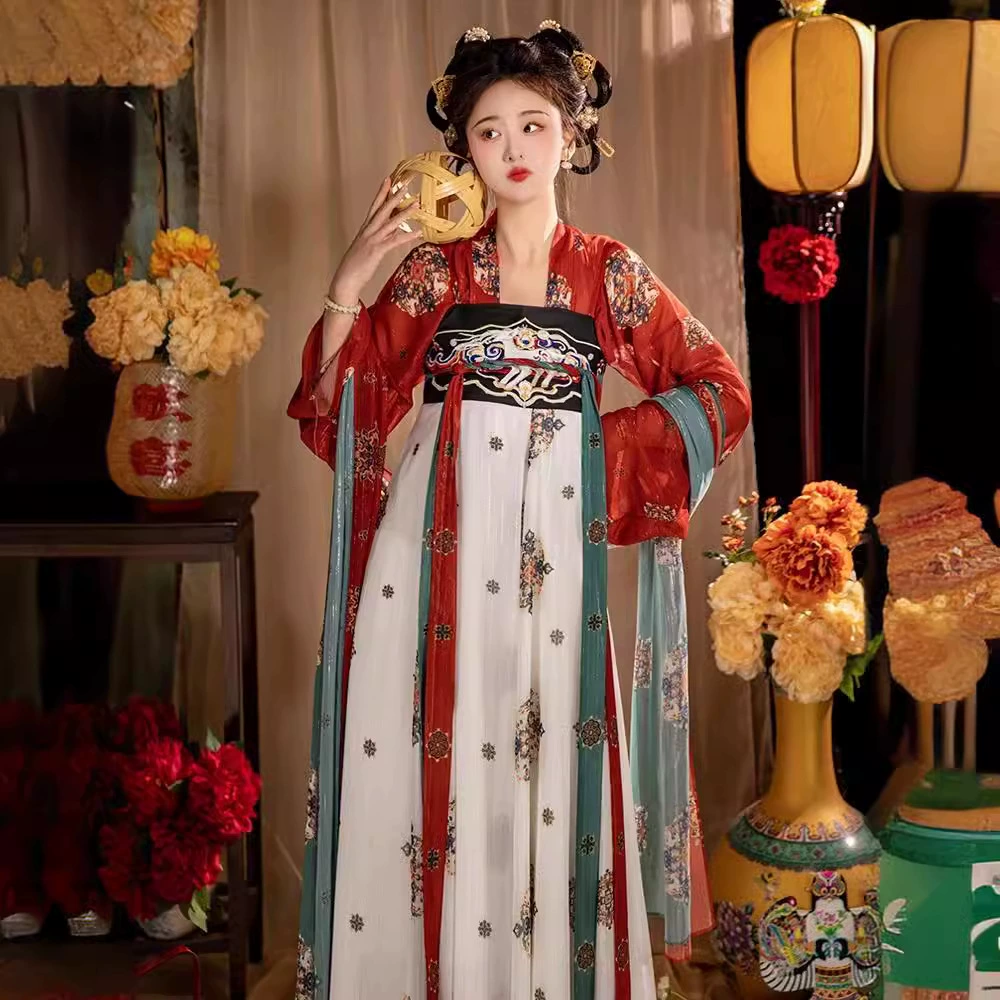 Оригинальный женский ханьфу 2025 года, новый стиль [Мечта о Чаньань], реплика юбки длиной до груди в стиле династии Тан с национальной вышивкой для весны и лета