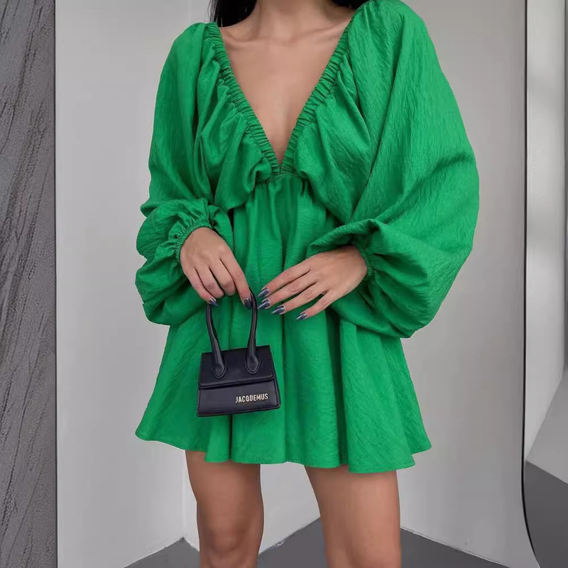 2023 Europe and the United States cross-border Amazon new V-neck long sleeve dress independent design bubble sleeve large swing skirt