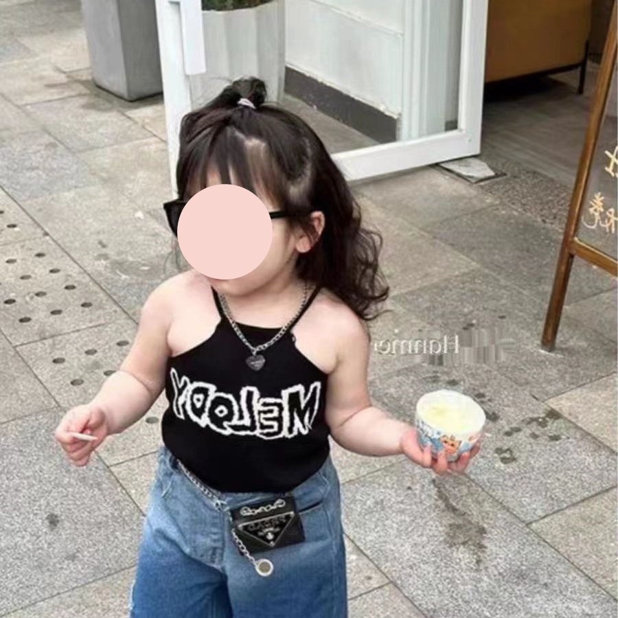 Girls' Summer Tank Top Halter Baby Trendy Children's Personality Hip-Hop Brand Korean Letter Neck Short Streetwear Bodysuit