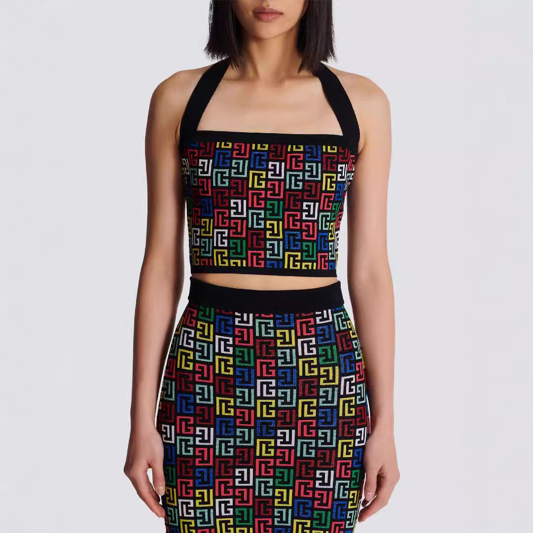 Foreign trade cross-border color pattern jacquard hanging neck top miniskirt suit fashion hot party holiday dress