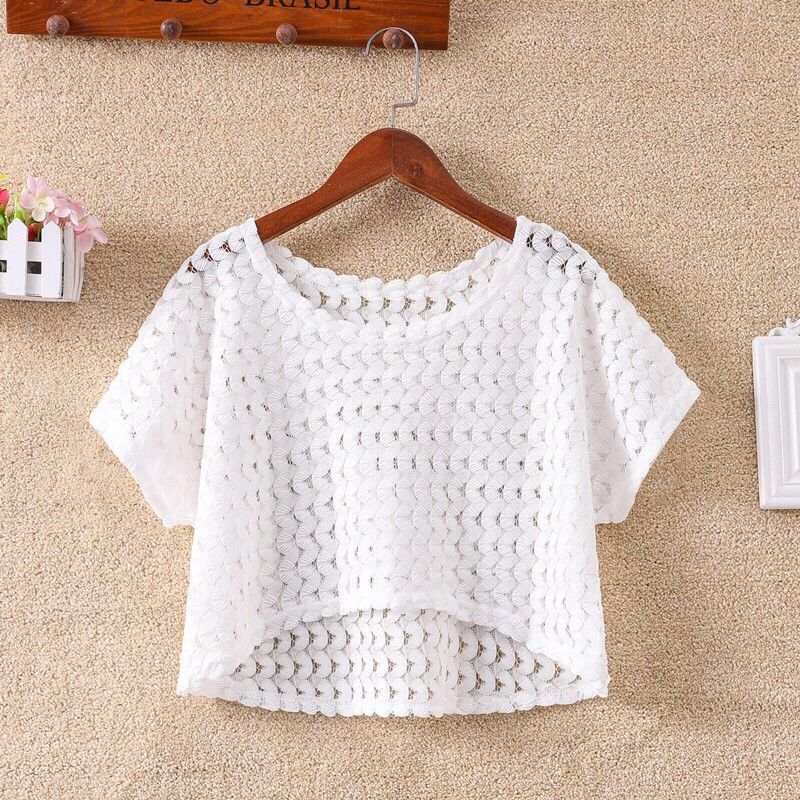 Small Shawl for Summer with Suspender Skirt and Bat-Sleeved Short Top, Loose Hook Pattern Hollow Knitted Blouse for Sun Protection