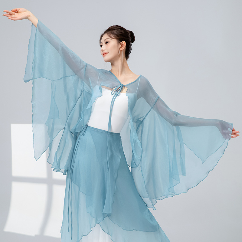 古典舞踊ガーゼツーピースエレガントな女性の中国舞踊服、古代スタイルの妖精のようなワイドレッグパンツパフォーマンス服|undefined
