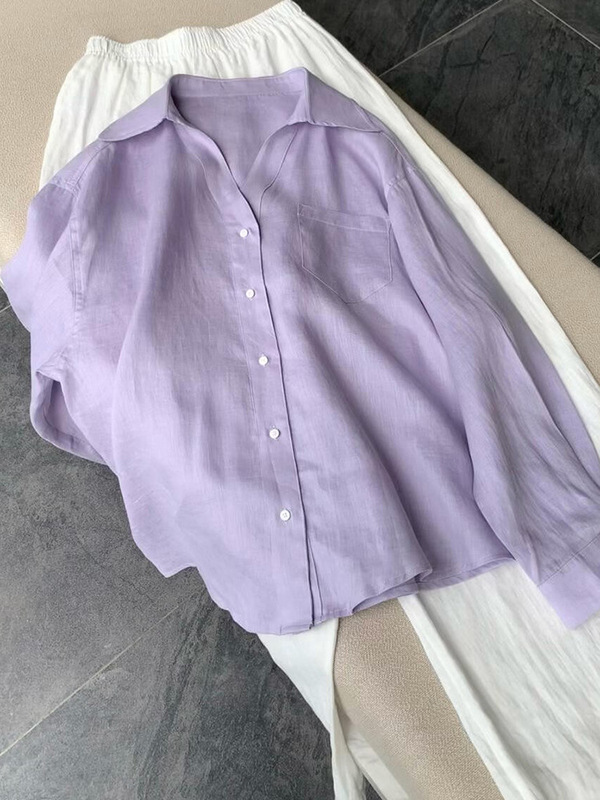 Chao Level Recommendation! Light Purple V Neck Linen Shirt Women's Summer New Polo Collar Loose Sun Protection Shirt Top