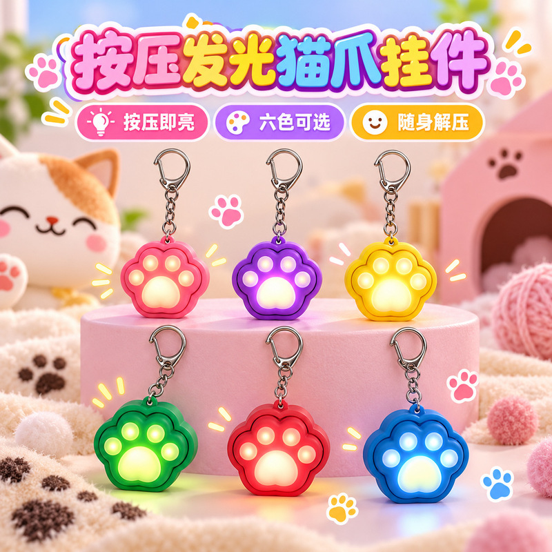 Cross-border bestseller creative 3D cat paw luminous stress-relief pendant keychain, macaron silicone finger stress-relief toy