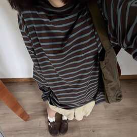 美式复古条纹长袖t恤女2026慵懒风chic春秋打底衫宽松松弛感上衣