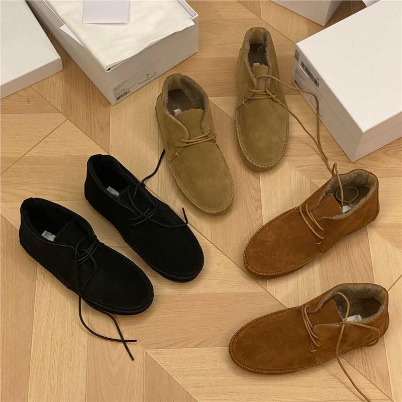 Niche Retro Old Money Style Suede Wool Loafers Women's Lace-Up Flats Genuine Leather Comfortable Autumn and Winter Fleece-Lined Snow Boots