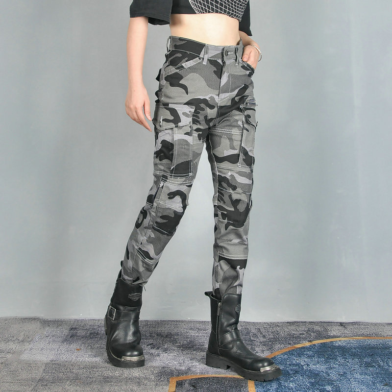 Volero motocicleta jeans Caballero de las mujeres casual retro camuflaje cintura alta transpirable motocicleta equitación anti-caída pantalones