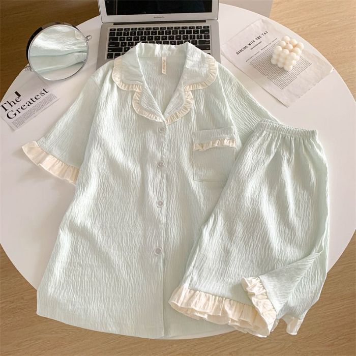Al por mayor transfronterizo de verano de lótus nubes de algodón pijama con solapa cardigan de mangas cortas pantalones cortos trajes de ropa para el hogar