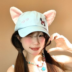可爱小猫毛绒耳朵棒球帽女宽帽檐显脸小软顶帽子甜美百搭鸭舌帽潮