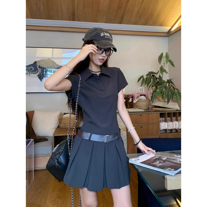 フレンチアメリカングレーポロカラー半袖Tシャツドレス夏の女性の小柄なスリムAラインプリーツスカート|undefined