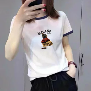 轻奢高端货~撞色领卡通印花短袖T恤女百搭显瘦中年女装减龄上衣