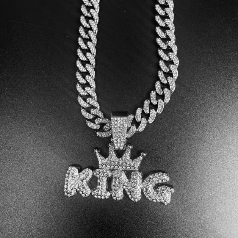 Pendentif KING en diamants serti sur une chaîne cubaine, style hip-hop européen-américain, pour homme et femme. Bijou unisexe._voghion.com