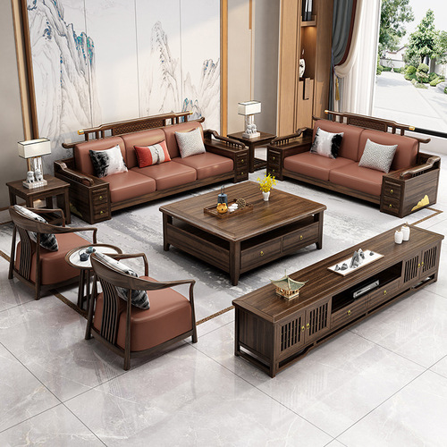 New Chinese style ebony solid wood sofa combination, large and small apartment villa furniture, modern Chinese style whole house set combination