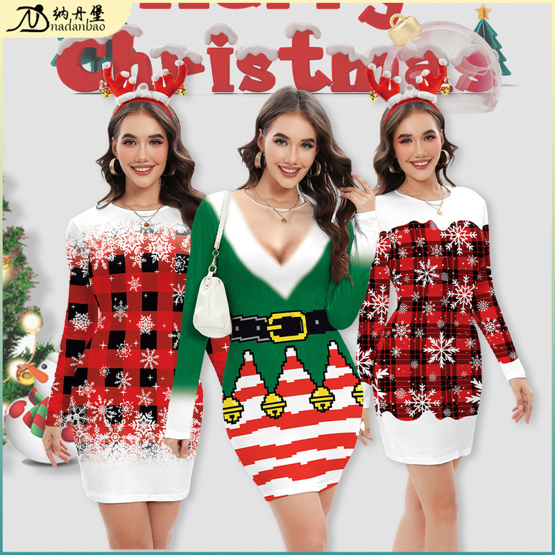 2024 New Christmas dress Europe and America Cross-border Autumn Long Sleeve Snowflake Plaid Digital Printed Sexy Hip Dress 2024 New Christmas dress Europe and America Cross-border Autumn Long Sleeve Snowflake Plaid Digital Printed Sexy Hip Dress