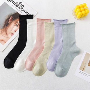 Spring, summer and autumn breathable mesh mulberry silk pair solid color all-match loose fashion pile socks mid-tube women's socks
