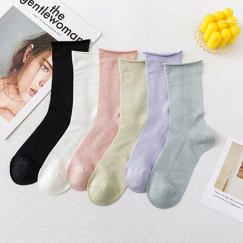 Spring, summer and autumn breathable mesh mulberry silk pair solid color versatile pineapple fashion stacked socks middle tube women's socks