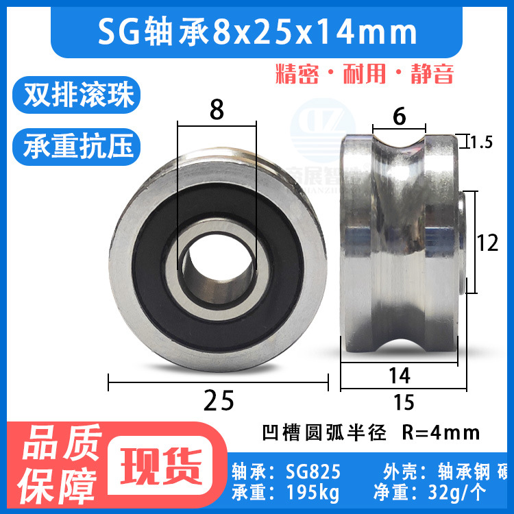 金属U槽轴承滑轮SG825哥德槽凹槽导轨导轮双排滚珠滚动轮8*25*14