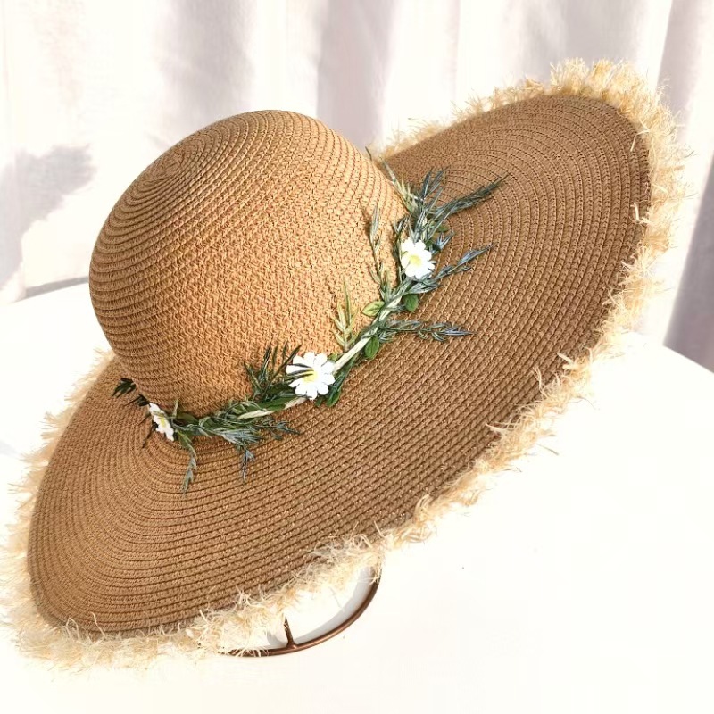 Hepburn Style New Raffia Handmade Woven Chrysanthemum For Women Summer Travel Vacation Versatile Wide Brim Sun Protection Beach Hat_voghion.com