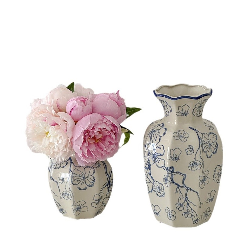 新しい青と白の磁器セラミック花瓶新しい中国風の装飾品リビングルームフラワーアレンジメント玄関装飾古代スタイルシミュレーション牡丹|undefined