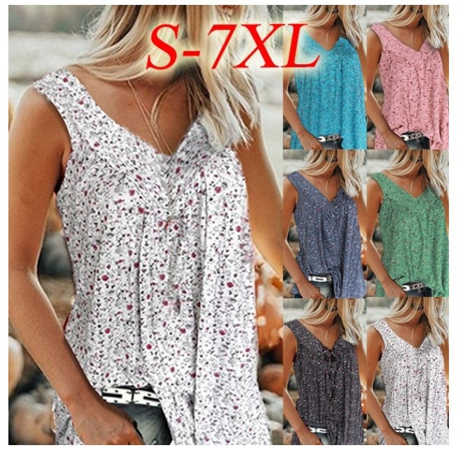 8810# Amazon 2020 New Foreign Trade Summer Floral Vest Sleeveless Women's T-Shirt V-Neck Shirt