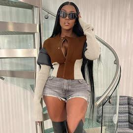 M23TP672欧美风2024秋冬棉服修身保暖拼接外套夹克女百搭上衣批发