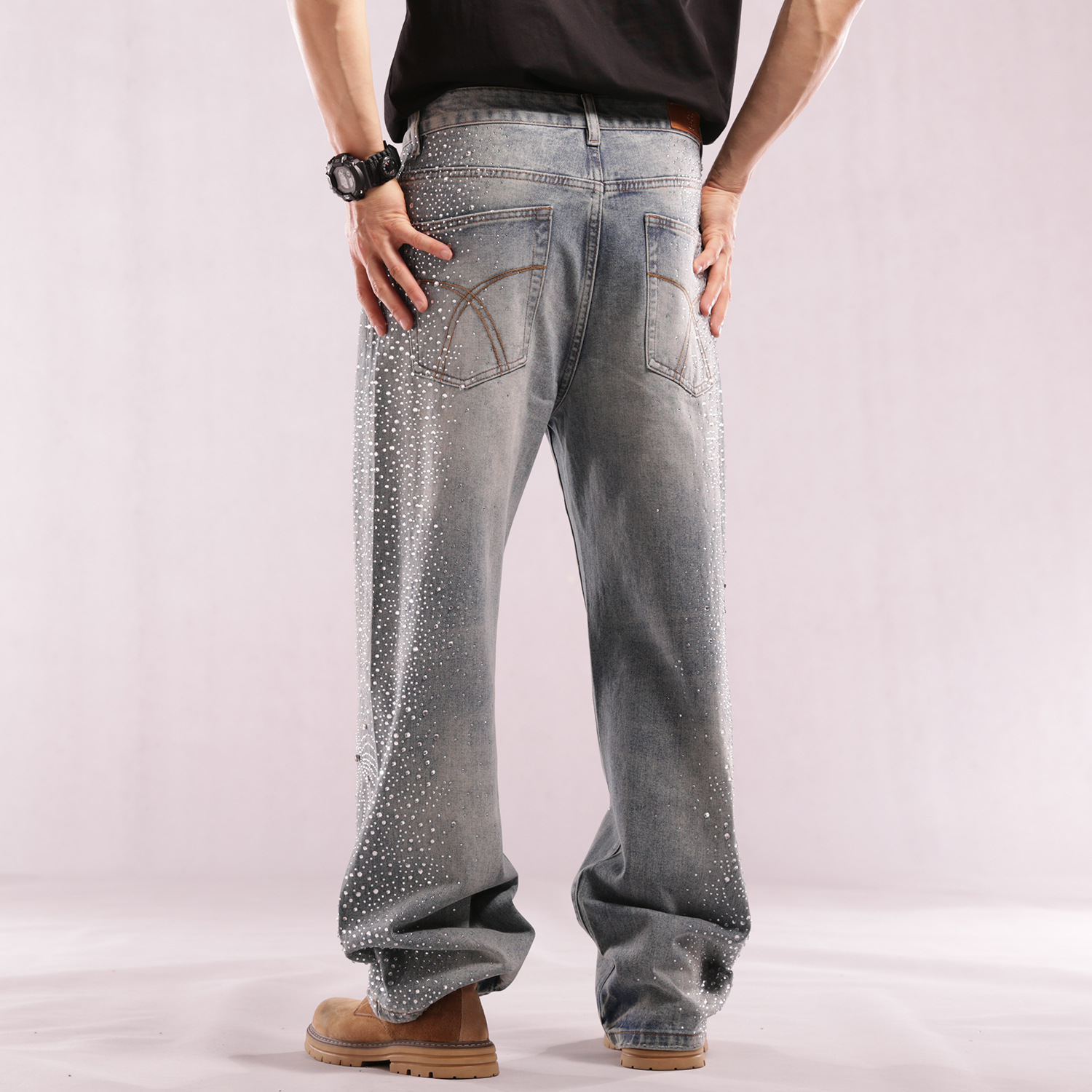 Amazon comercio exterior una agencia de industria pesada caliente de diamantes estrellas vacías de perforación jeans rectos masculinos sueltos AliExpress Europa y América