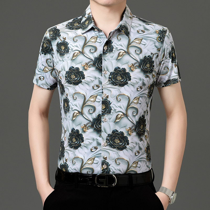 2025新款短袖衬衫男休闲中年修身碎花薄款翻领花半袖衬衣外贸
