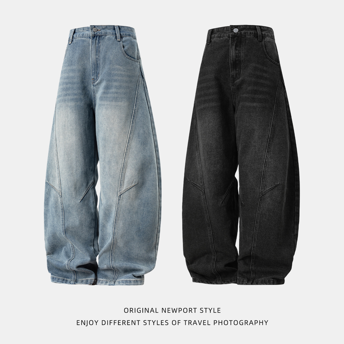 Men's Trendy Retro Straight Leg Jeans Distressed Washed Curved Knife Loose Fit Midweight Cotton Trousers Black Blue_mkmklike.com