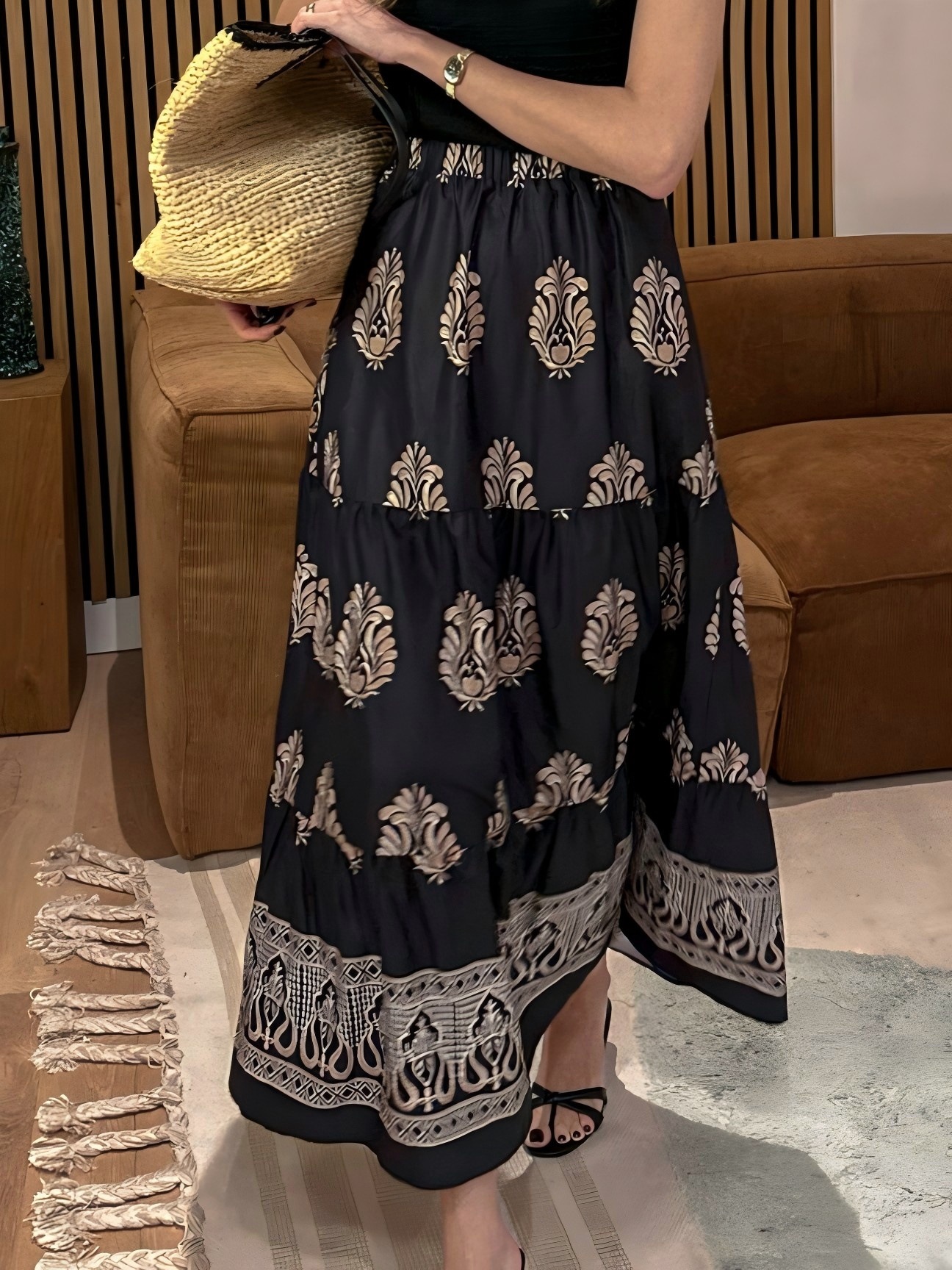 Bohemian Style Women's Spring And Summer High-waisted Printed A-line Skirt, Casual Beach Vacation Floral Long Skirt_ecoleips.com