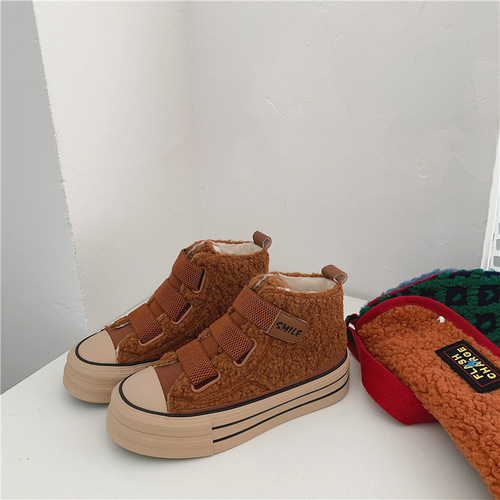  Autumn/Winter Plush Warm High-Top Canvas Shoes for Women, Hong Kong Style, Original Style, Magic Tape Cotton Shoes, Korean Version, Street Style, Versatile Shoes