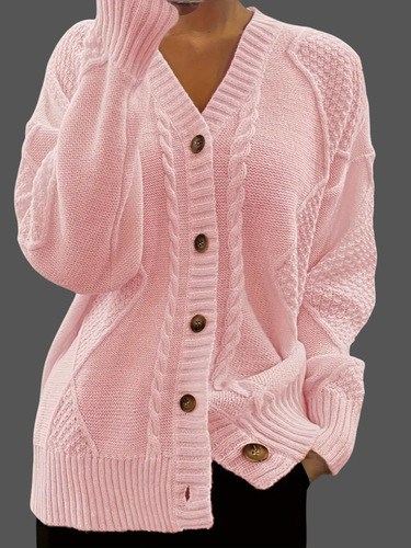 Women's Cross-Border International Trade Autumn and Winter New Pure Color Long-Sleeve V-Neck Knit Cardigan Buttoned Cable Knit Sweater Outerwear