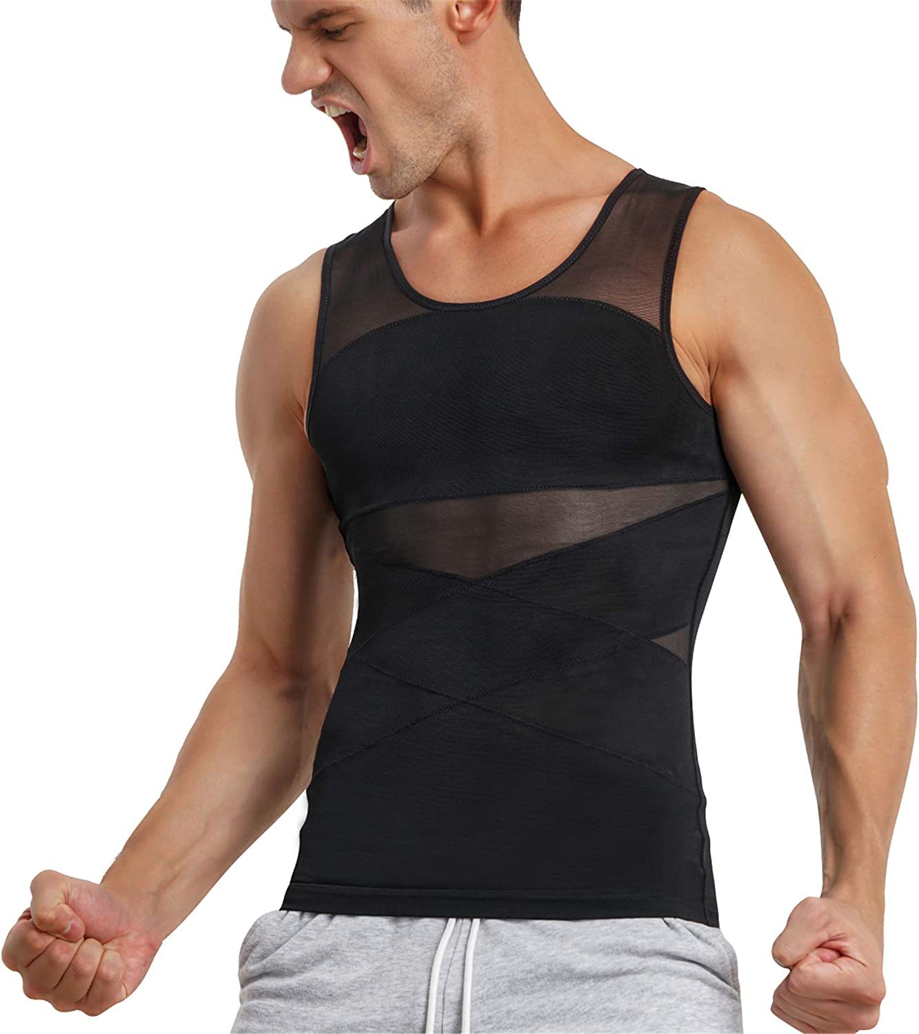 Transfronterizo de los hombres que forma el cuerpo de la ropa de malla transpirable vientre que contrae el vientre que forma el levantamiento de espalda apretado Chaleco de entrenamiento físico