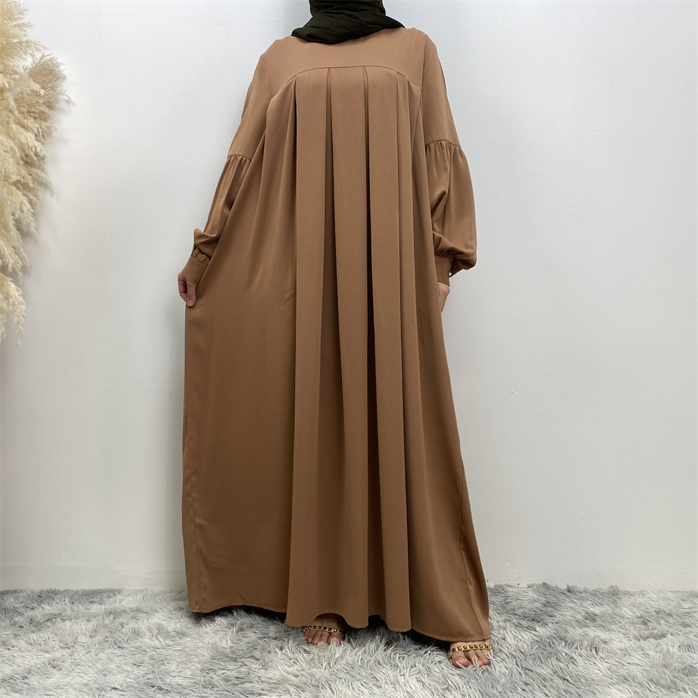 Loose Fitting Sleeved Maxi Dress Stylish Side Pockets Pleated Robe Style Design Women's Clothing_ecoleips.com