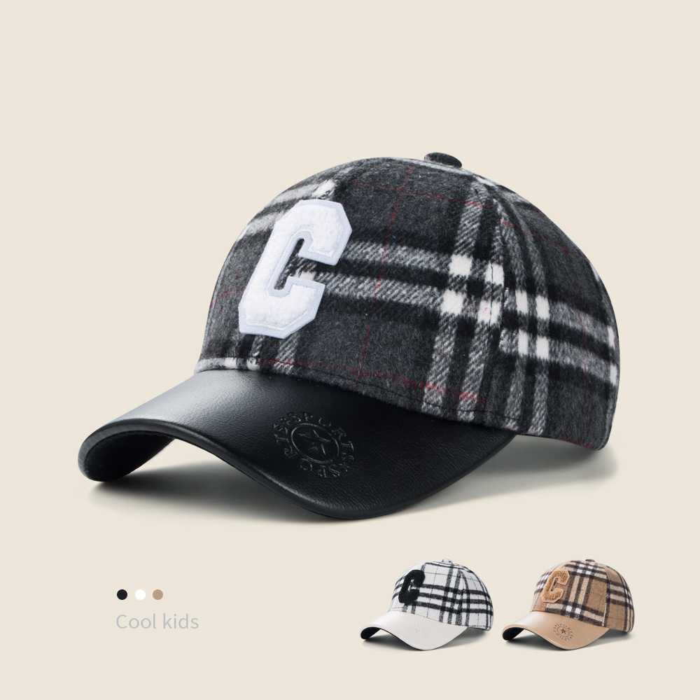 Children's C Letter Plaid Baseball Cap Autumn Winter Warm Leather Brim Stitching Hat Boy Student Fashion Peaked Cap display picture 1