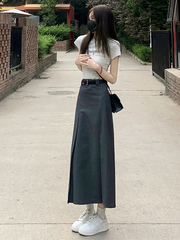 灰色百褶西装半身裙子女夏季2025新款高腰显瘦百搭a字中长款伞裙