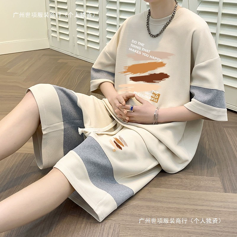 Летний вафельный комплект для мужчин больших размеров: футболка с коротким рукавом из ледяного шелка и свободные шорты, молодежный двухсоставной набор