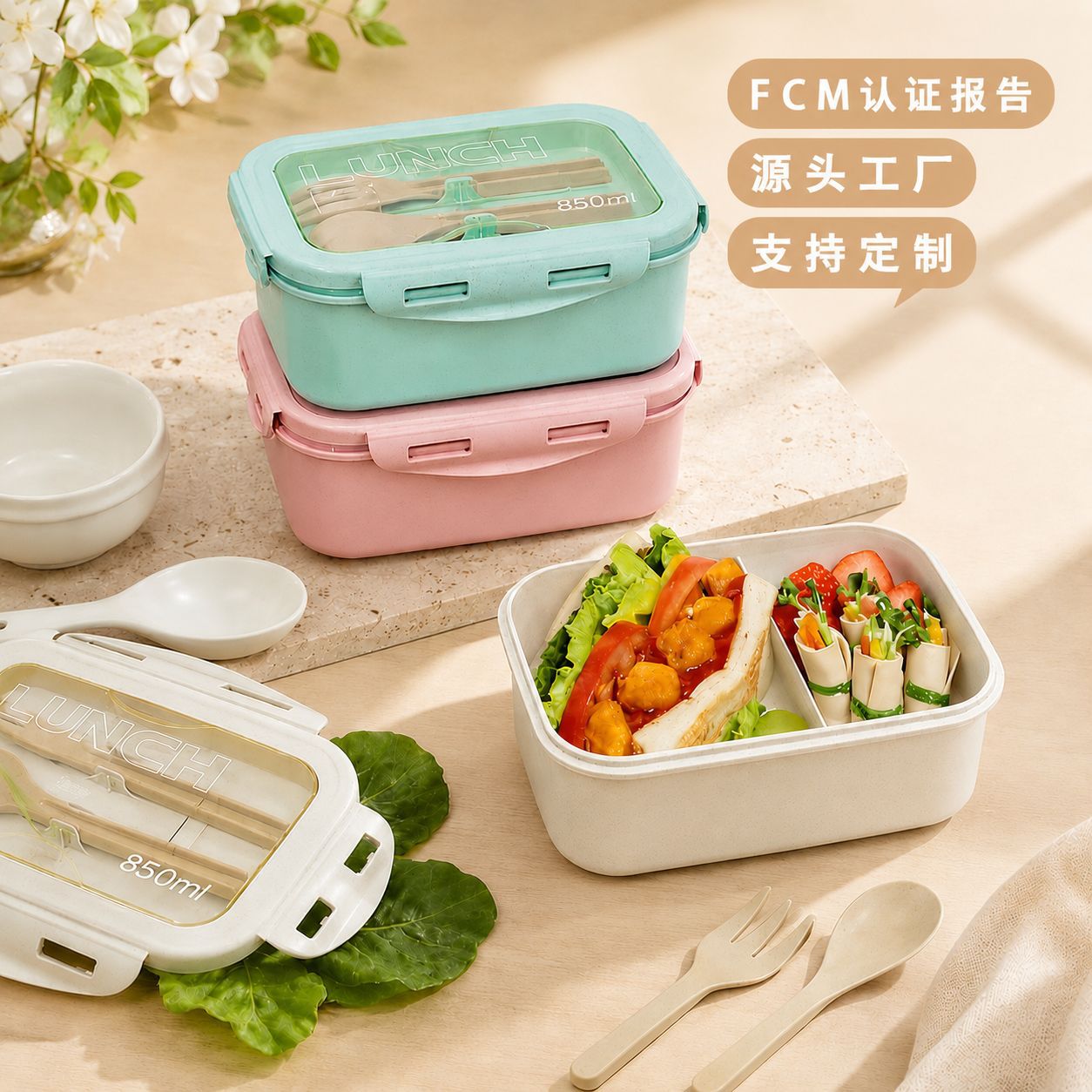 Lonchera de paja de trigo para estudiantes, lonchera bento de dos compartimentos, apta para microondas, con cierre a presión, con utensilios para comer.