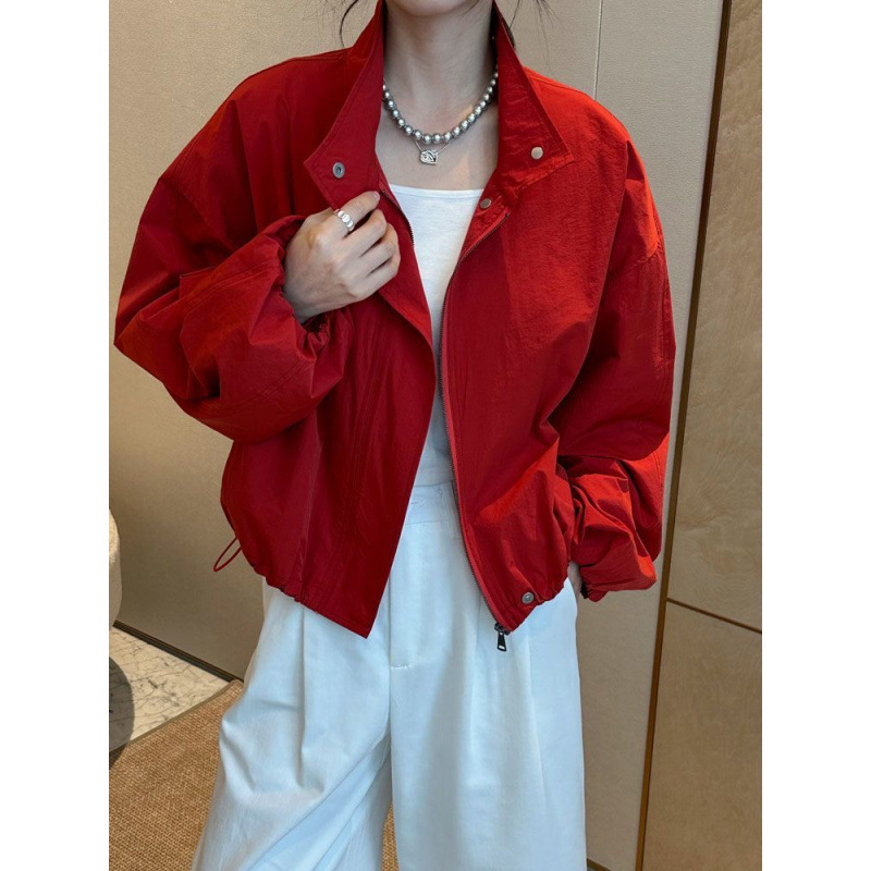 【店頭売れ筋】ヨーロッパ製スタンドカラーレッドジャケットレディース2025春夏新作韓国風万能カジュアルジャケット|undefined