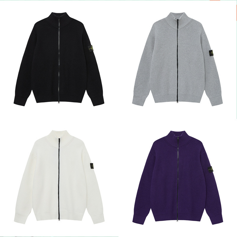 Stonesland Stone Island Zipper Open Chest Stand Collar Knit Sweater Versatile Simple Unisex Style Unisex Cotton