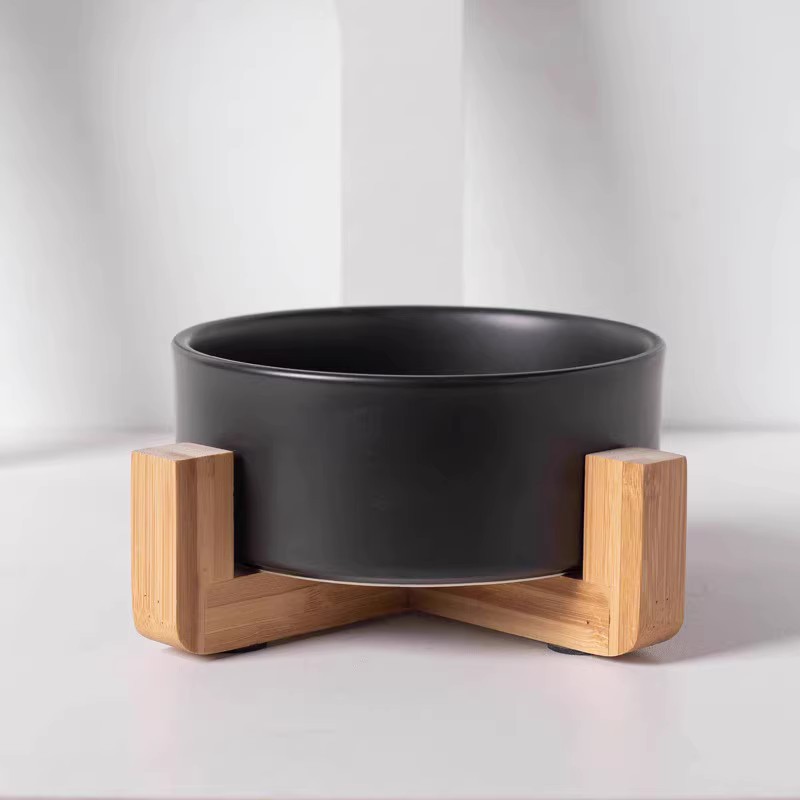 Tazón negro gato tazón de comida para gatos tazón de cerámica para mascotas tazón de arroz tazón de boca oblicua de pies altos antidetonantes protección del cuello